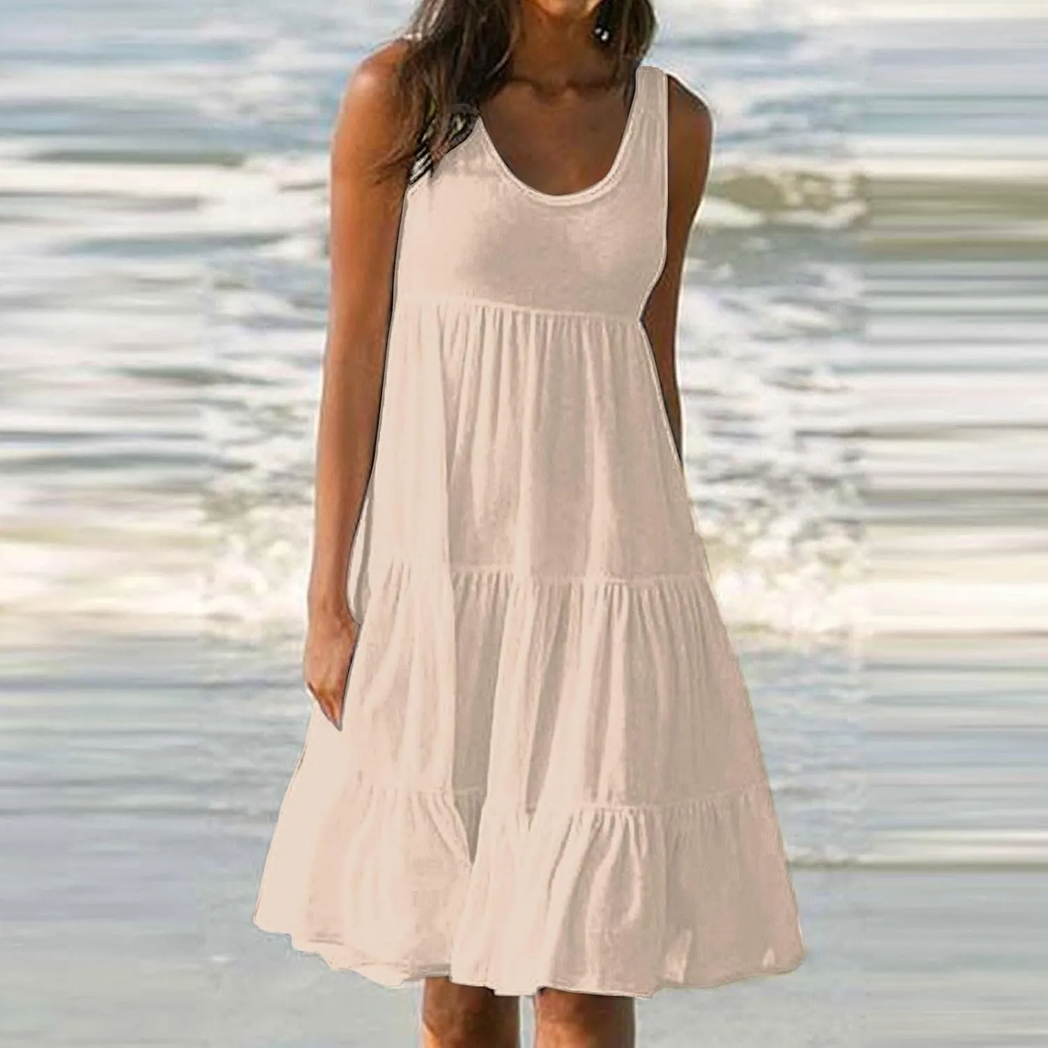 Sundresses for Women 2025 Floral Print Pleated Sundresses Round Neck Sleeveless Midi Dresses Swing Beach Dress