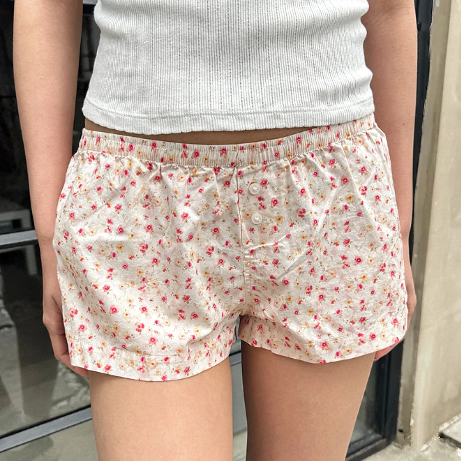 TAVIMART  -  Y2K Kawaii Women Lounge Shorts Cute Boyshorts Panties for Women Floral Printing Front Button Sleepwear Pj Bottoms for Summer
