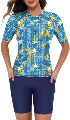 Tournesol Women's Two Piece Rash Guard Short Sleeve Swim Shirts UPF 50  Built in Bra Swimsuit with Boyshorts with Pockets