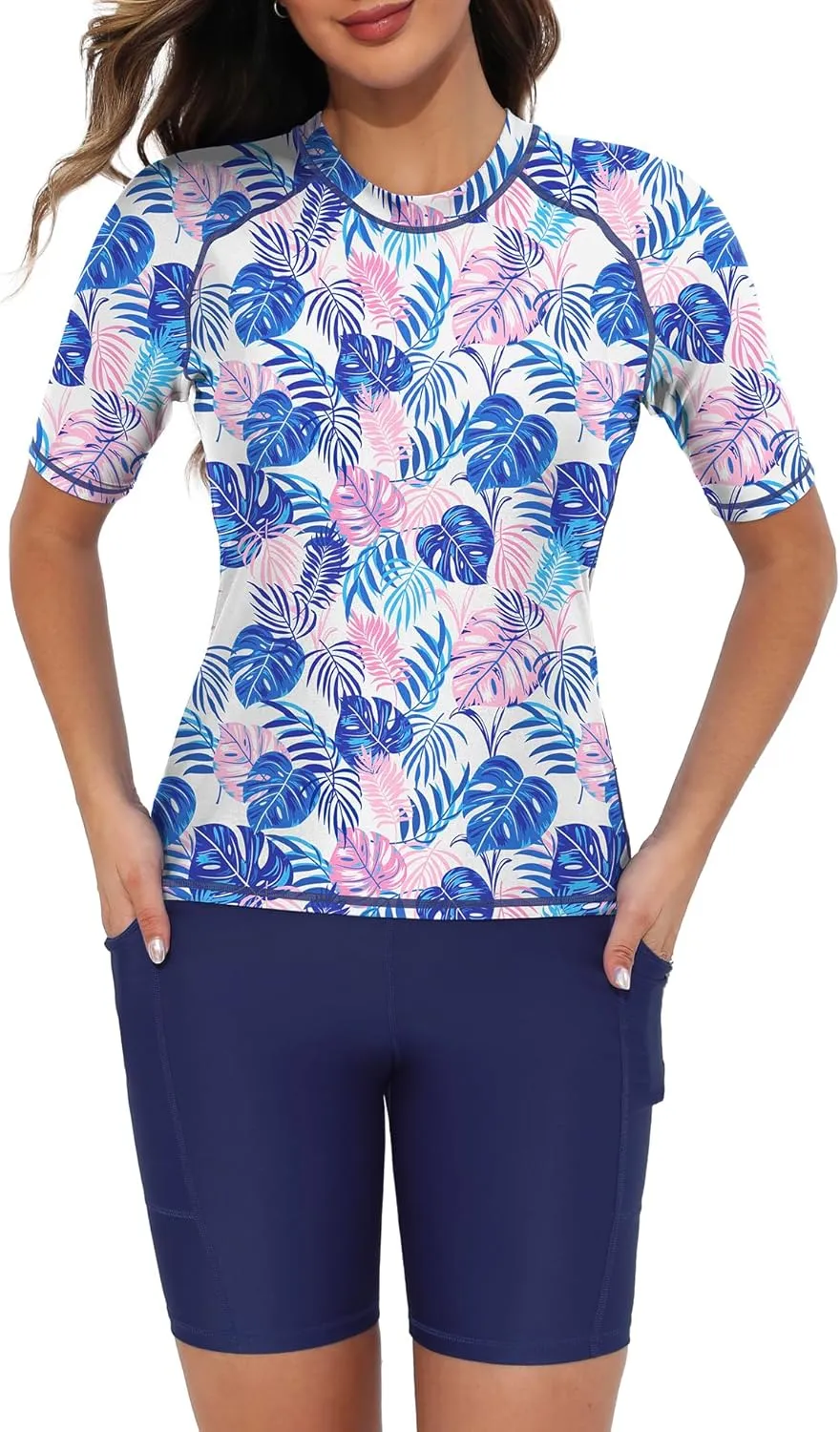 Tournesol Women's Two Piece Rash Guard Short Sleeve Swim Shirts UPF 50  Built in Bra Swimsuit with Boyshorts with Pockets