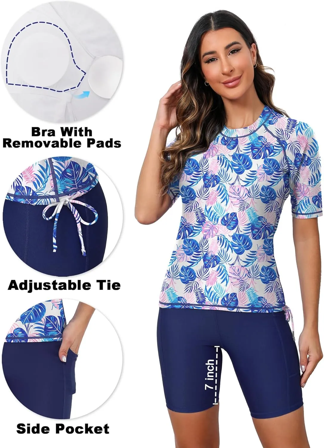 Tournesol Women's Two Piece Rash Guard Short Sleeve Swim Shirts UPF 50  Built in Bra Swimsuit with Boyshorts with Pockets