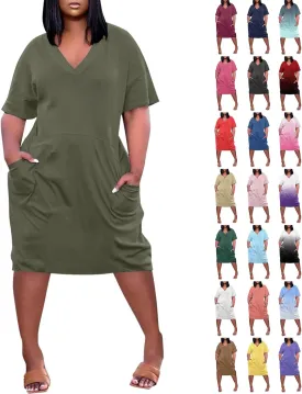 Tshirt Dress Women Oversized Plus Size Dress Loose Fit V Neck Short Sleeve Nightgowns Casual Midi Tee Shirt Dress