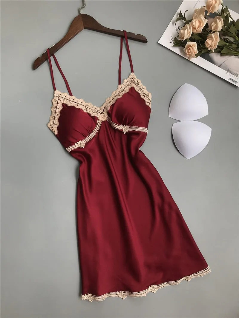 VenusFox Sleepwear Lingerie Women Deep V-neck Sleepdress Sexy Silk Nightgowns Sleeveless Lace Robe Satin Nightdress Burgundy Homewear