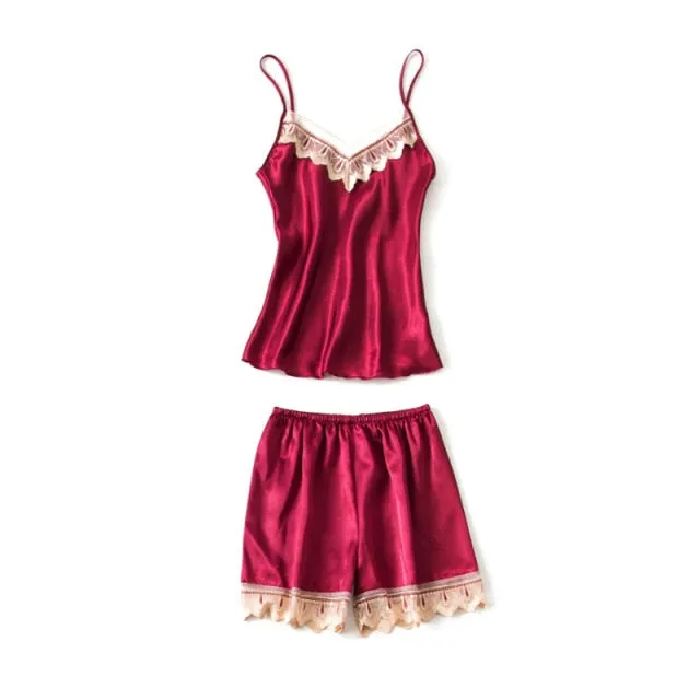 VenusFox Women Pajamas Sets Sexy Nightgown Satin Sleepwear Nightdress Night Gown Sleeveless Slings Shorts Homewear XXL #F