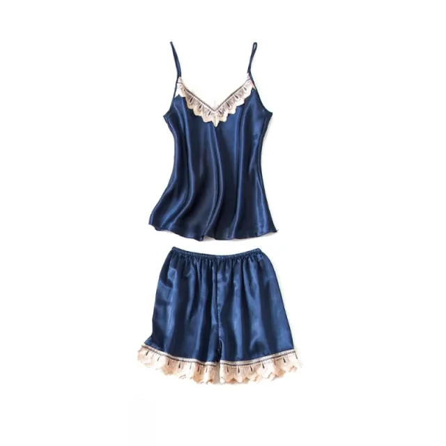 VenusFox Women Pajamas Sets Sexy Nightgown Satin Sleepwear Nightdress Night Gown Sleeveless Slings Shorts Homewear XXL #F