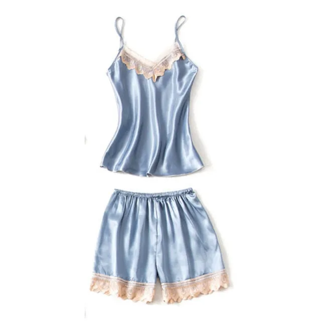 VenusFox Women Pajamas Sets Sexy Nightgown Satin Sleepwear Nightdress Night Gown Sleeveless Slings Shorts Homewear XXL #F