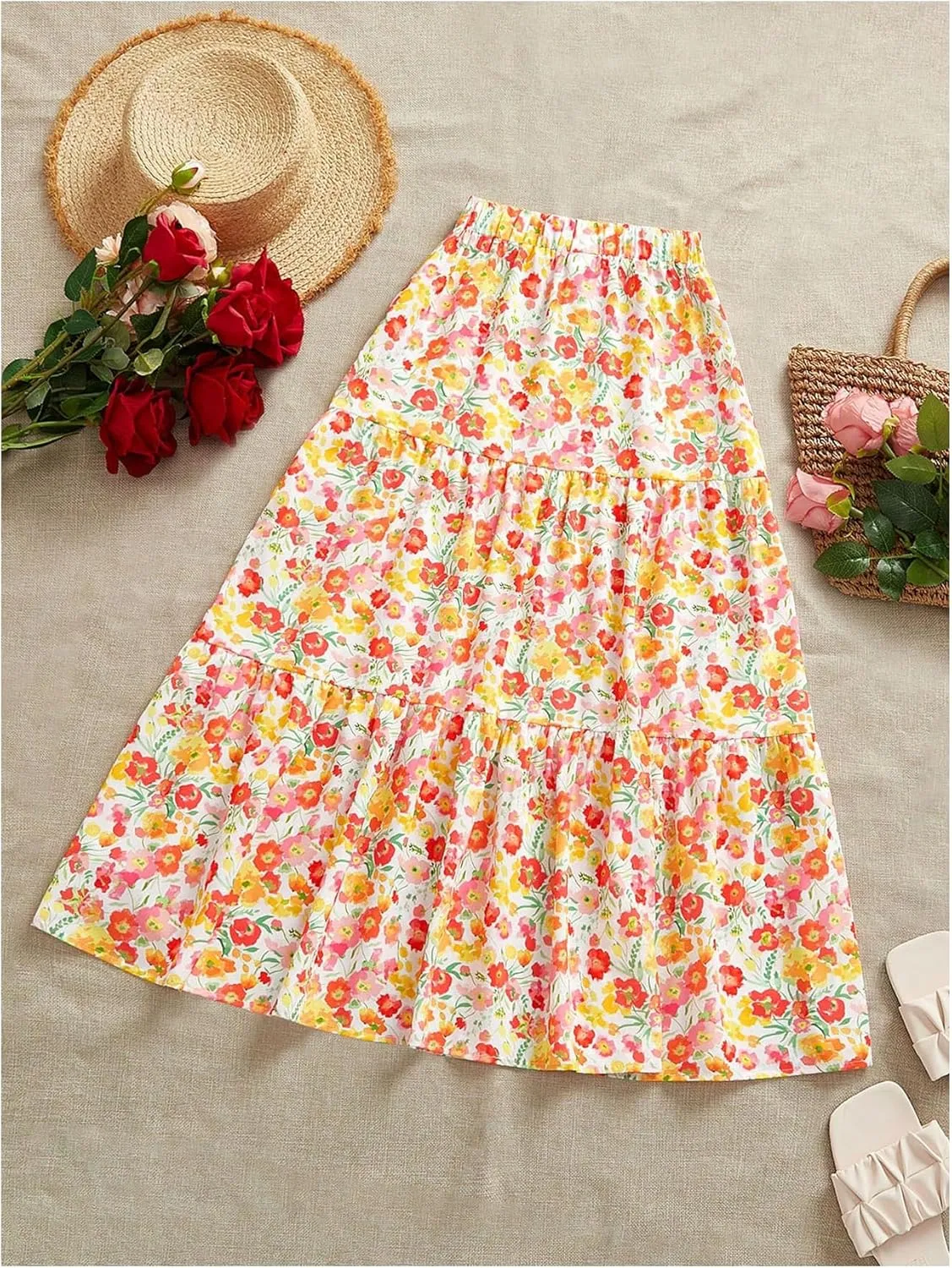 Verdusa Women's Boho Printed Ruffle Skirt Summer Vacation High Waisted A Line Maxi Skirts