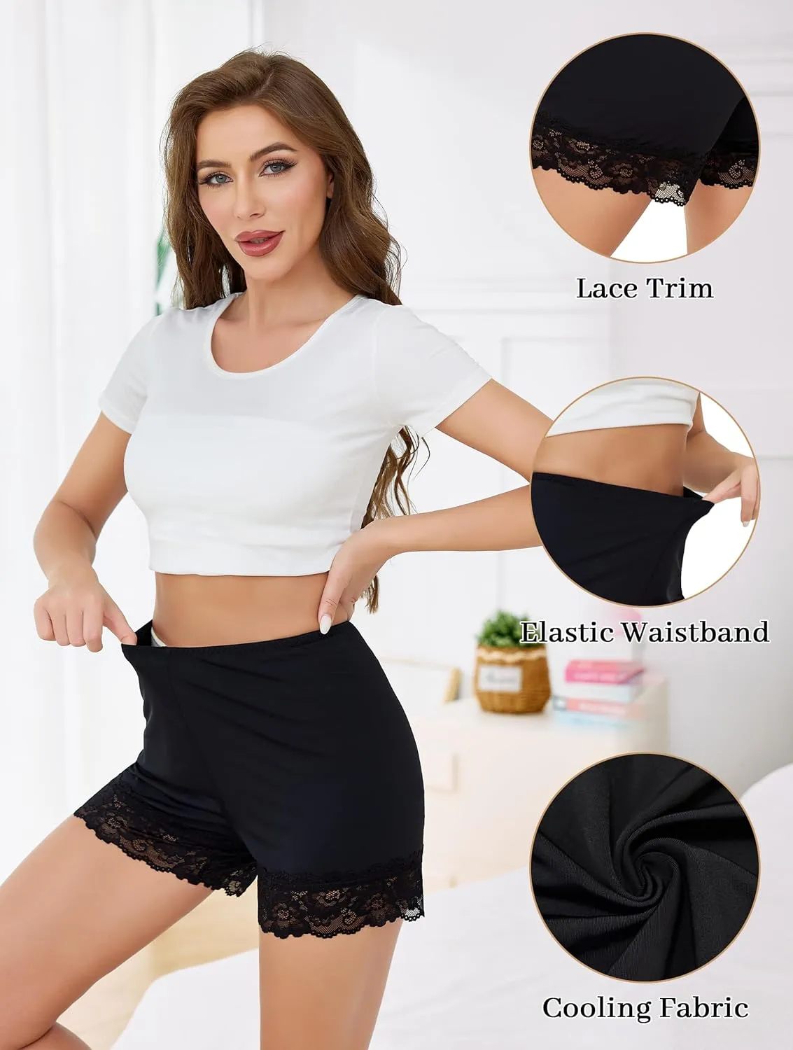 Vlazom Women's Seamless Slip Shorts for Under Dresses Anti-Chafing Boyshorts Panties with Lace Trim,Smooth Cooling Underwear