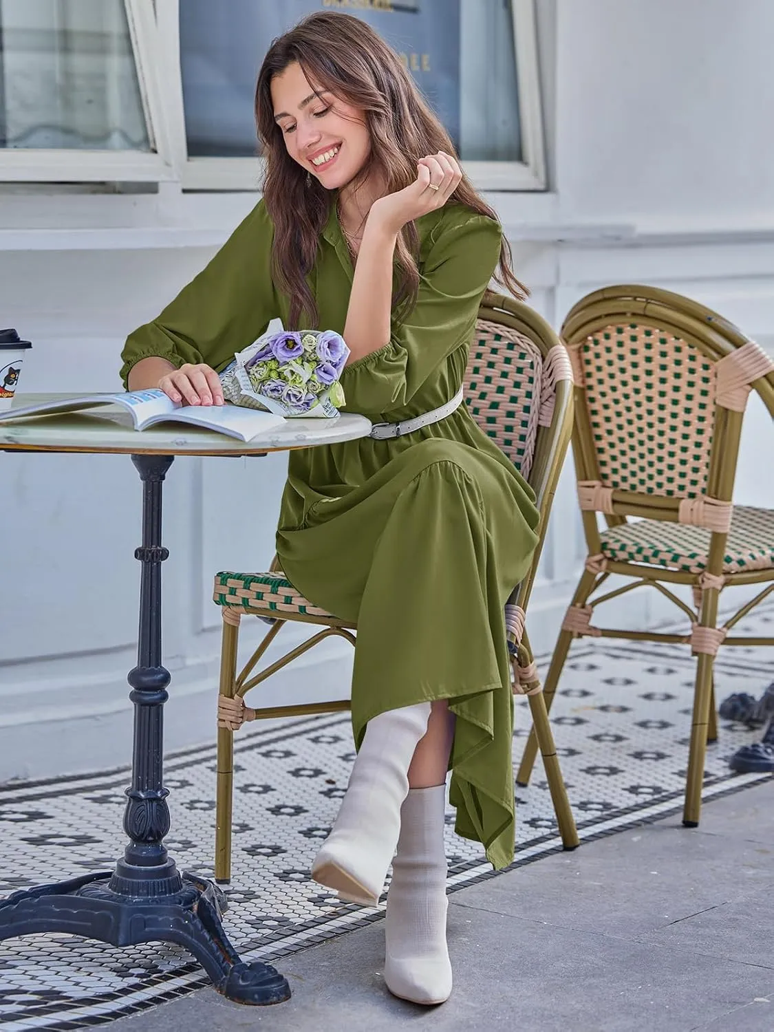 Wenrine Womens Casual 3/4 Sleeve Shirt Dress Button Down V Neck Tiered Collared Flowy Maxi Dress