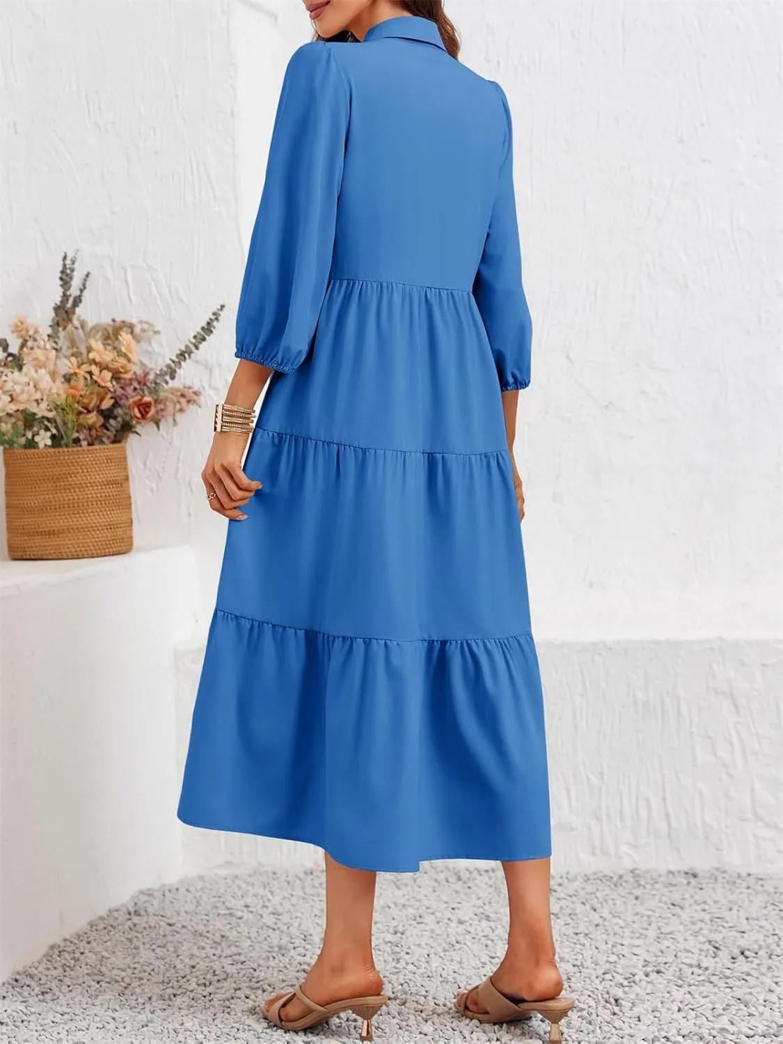 Wenrine Womens Casual 3/4 Sleeve Shirt Dress Button Down V Neck Tiered Collared Flowy Maxi Dress