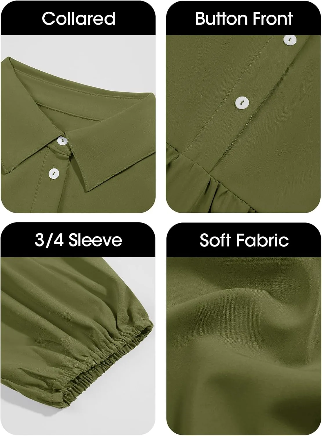 Wenrine Womens Casual 3/4 Sleeve Shirt Dress Button Down V Neck Tiered Collared Flowy Maxi Dress
