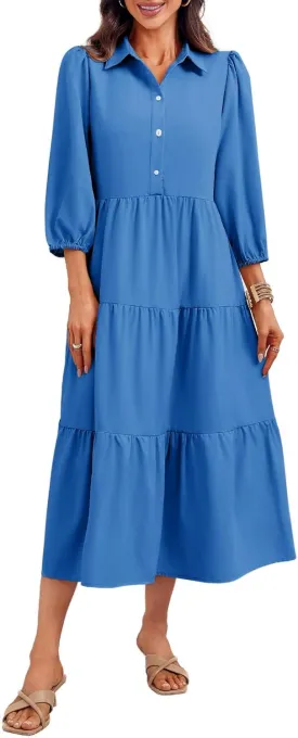 Wenrine Womens Casual 3/4 Sleeve Shirt Dress Button Down V Neck Tiered Collared Flowy Maxi Dress