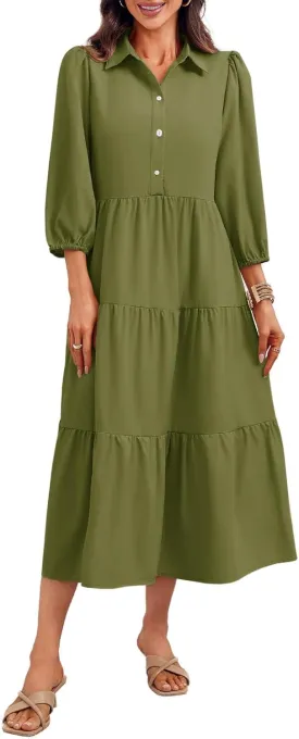 Wenrine Womens Casual 3/4 Sleeve Shirt Dress Button Down V Neck Tiered Collared Flowy Maxi Dress