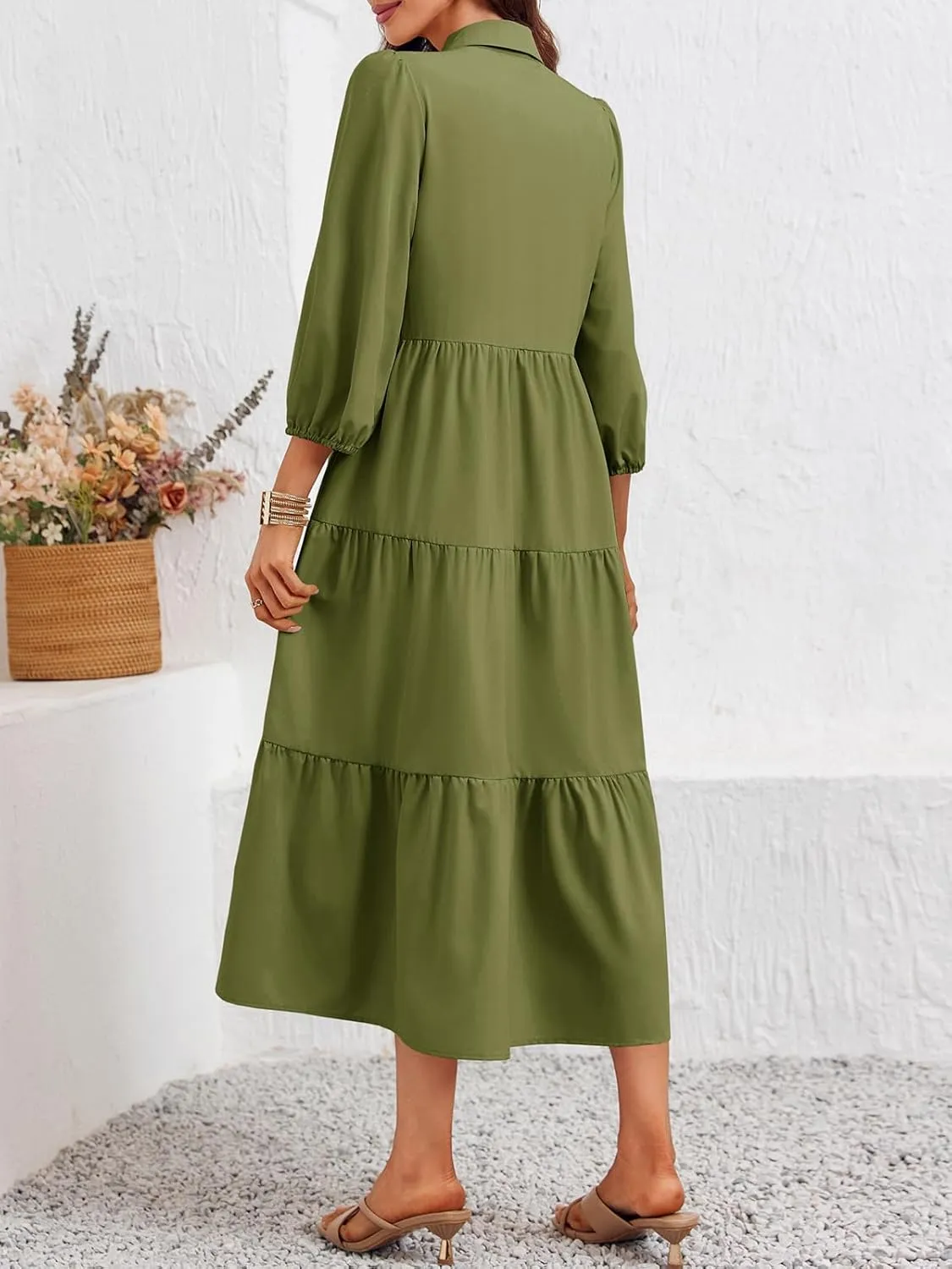 Wenrine Womens Casual 3/4 Sleeve Shirt Dress Button Down V Neck Tiered Collared Flowy Maxi Dress