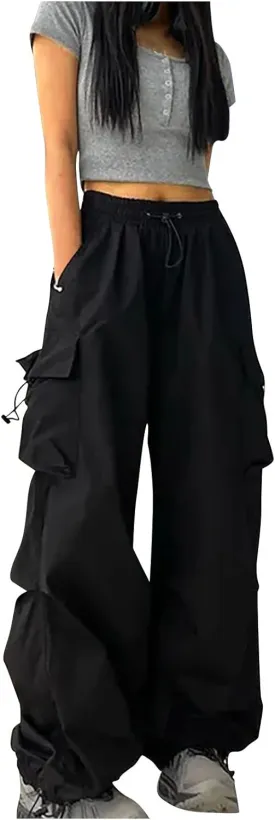 Women Cargo Pants Parachute Drawstring Elastic Waist Sweatpants Baggy Y2k Teen Girls Pants Loose Trousers with Pocket
