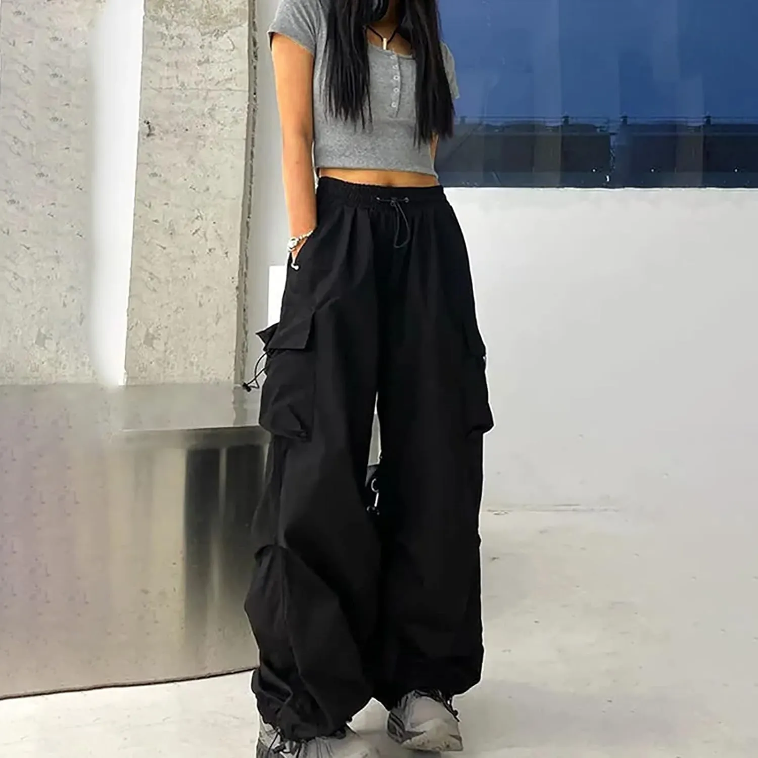 Women Cargo Pants Parachute Drawstring Elastic Waist Sweatpants Baggy Y2k Teen Girls Pants Loose Trousers with Pocket