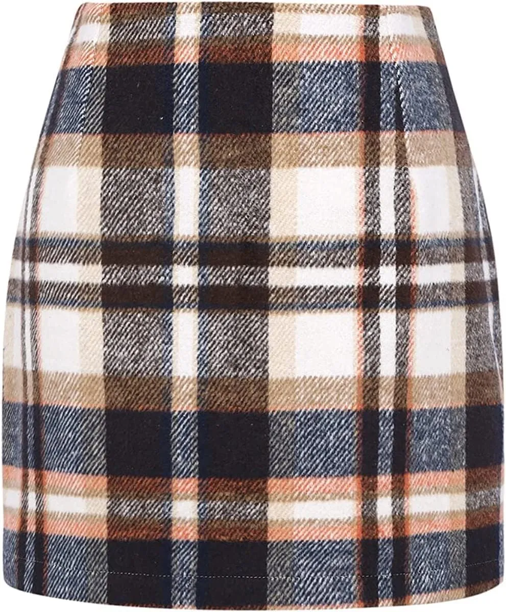 Women Mini Skirt Plaid Wool Skirt Spring High Waist Bodycon Pencil Short Skirts Tartan Skirt