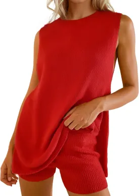 Women Summer 2 Piece Sweater Sets Casual Crew Neck Sleeveless Knit Tank Top Mini Shorts Lounge Set Solid Beach Outfit