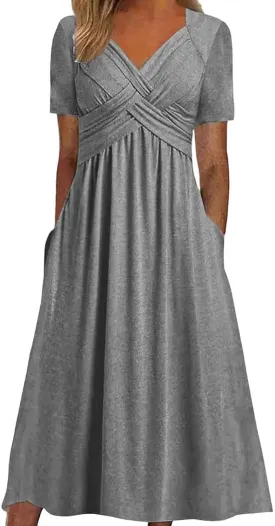 Women Summer Wrap Dress Short Sleeve Plated Sun Dresses Floral V Neck Beach Tshirt Dress with Pockets 2025