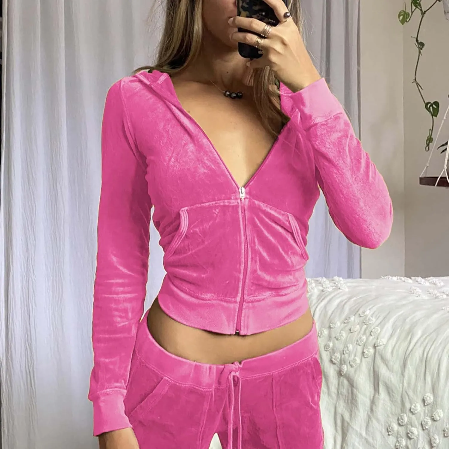 Women Velour Sweat Suits 2 Piece Outfits Tracksuits Long Sleeve Zip Up Hooded Jacket Wide Plus Size Suit