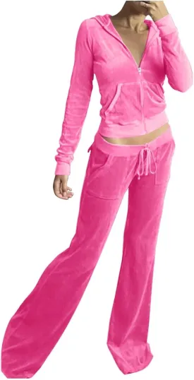 Women Velour Sweat Suits 2 Piece Outfits Tracksuits Long Sleeve Zip Up Hooded Jacket Wide Plus Size Suit