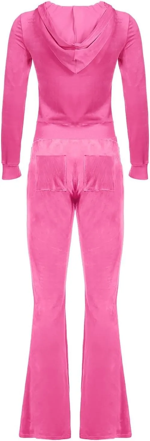 Women Velour Sweat Suits 2 Piece Outfits Tracksuits Long Sleeve Zip Up Hooded Jacket Wide Plus Size Suit