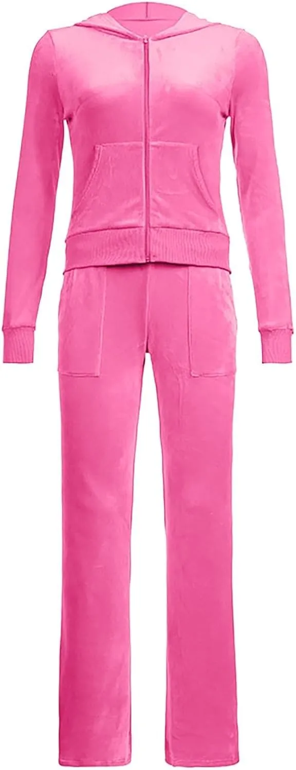 Women Velour Sweat Suits 2 Piece Outfits Tracksuits Long Sleeve Zip Up Hooded Jacket Wide Plus Size Suit