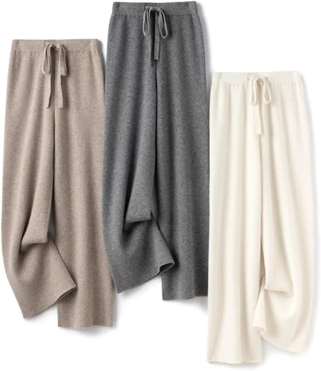 Women Wool Knitted Heavy Ribs Loose Wide Leg Pants Floor Length Soft Wool Pants