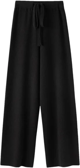 Women Wool Knitted Heavy Ribs Loose Wide Leg Pants Floor Length Soft Wool Pants