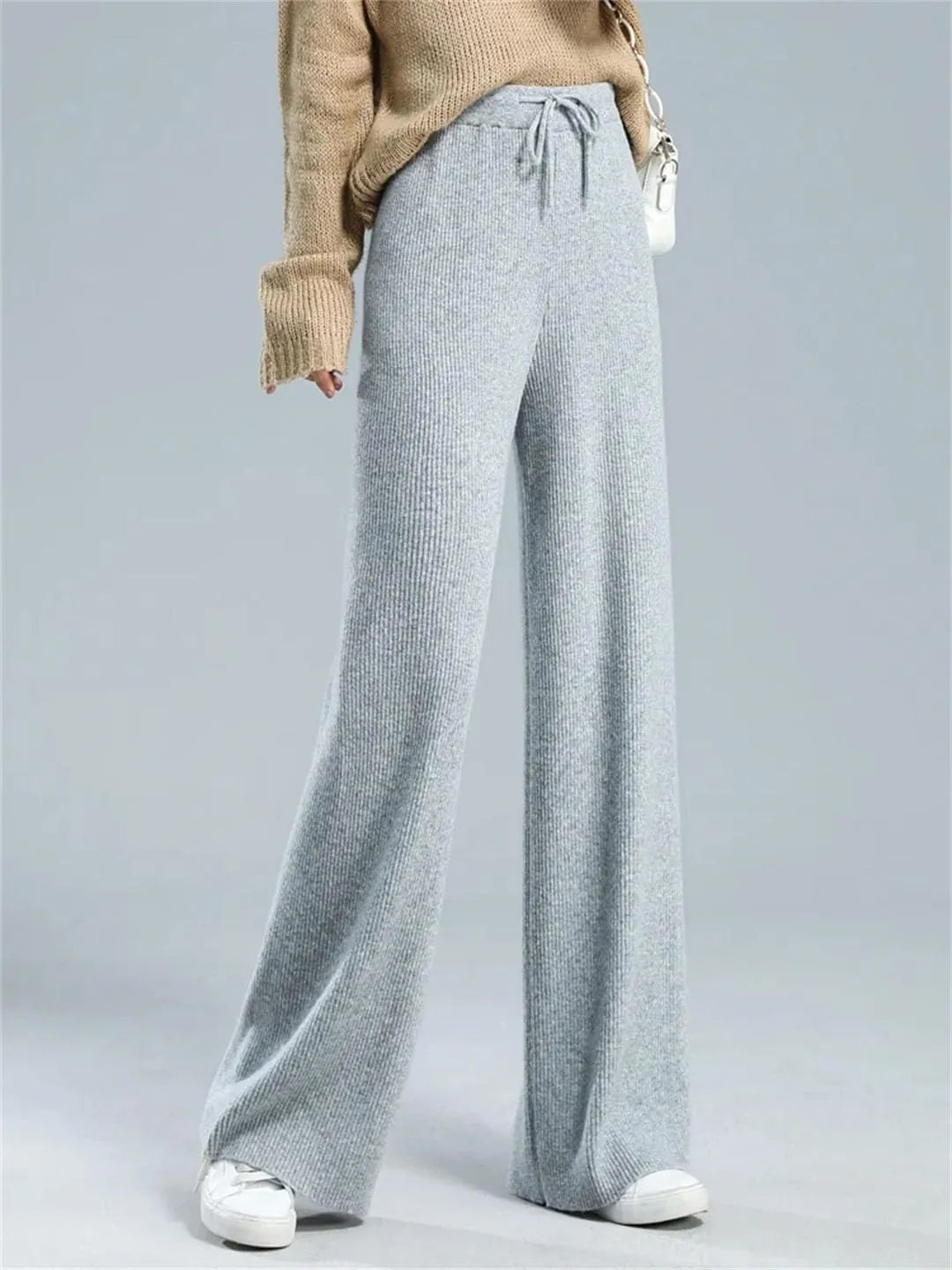Women Wool Knitted Heavy Ribs Loose Wide Leg Pants Floor Length Soft Wool Pants