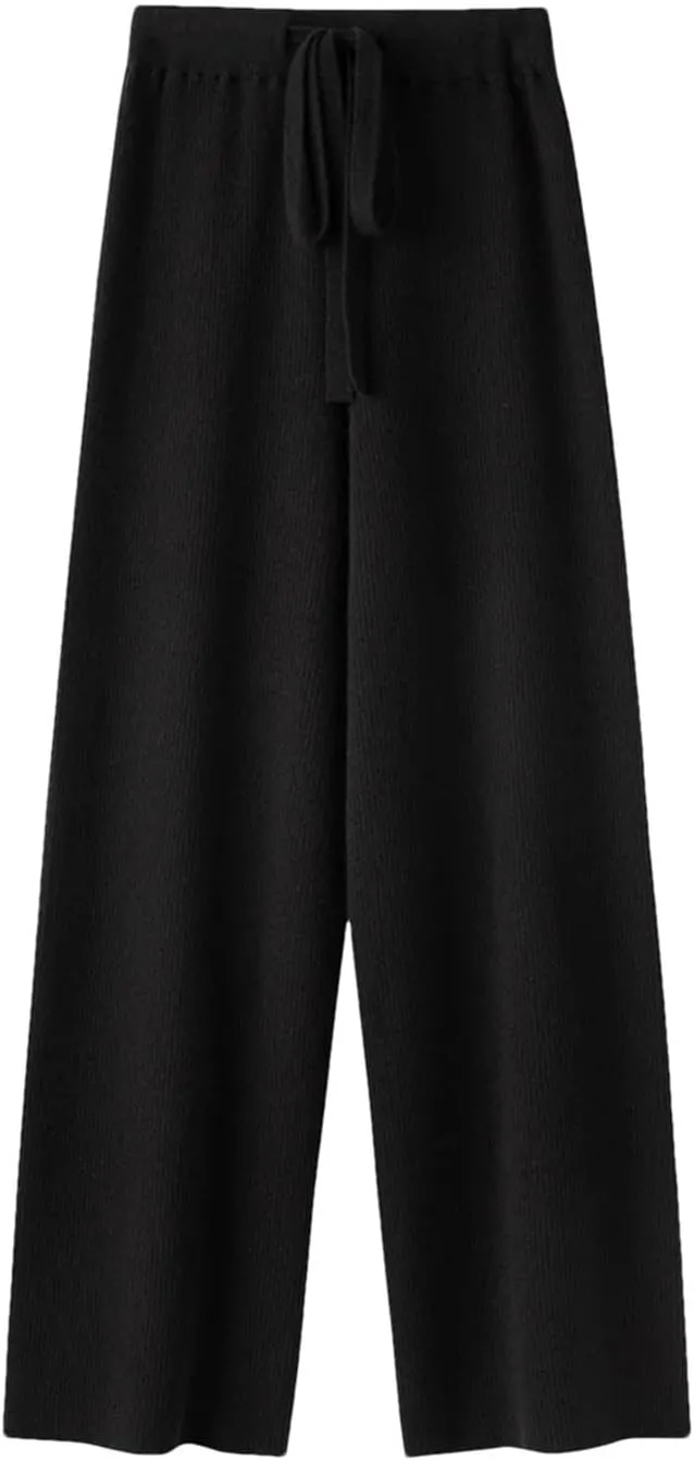 Women Wool Knitted Heavy Ribs Loose Wide Leg Pants Floor Length Soft Wool Pants