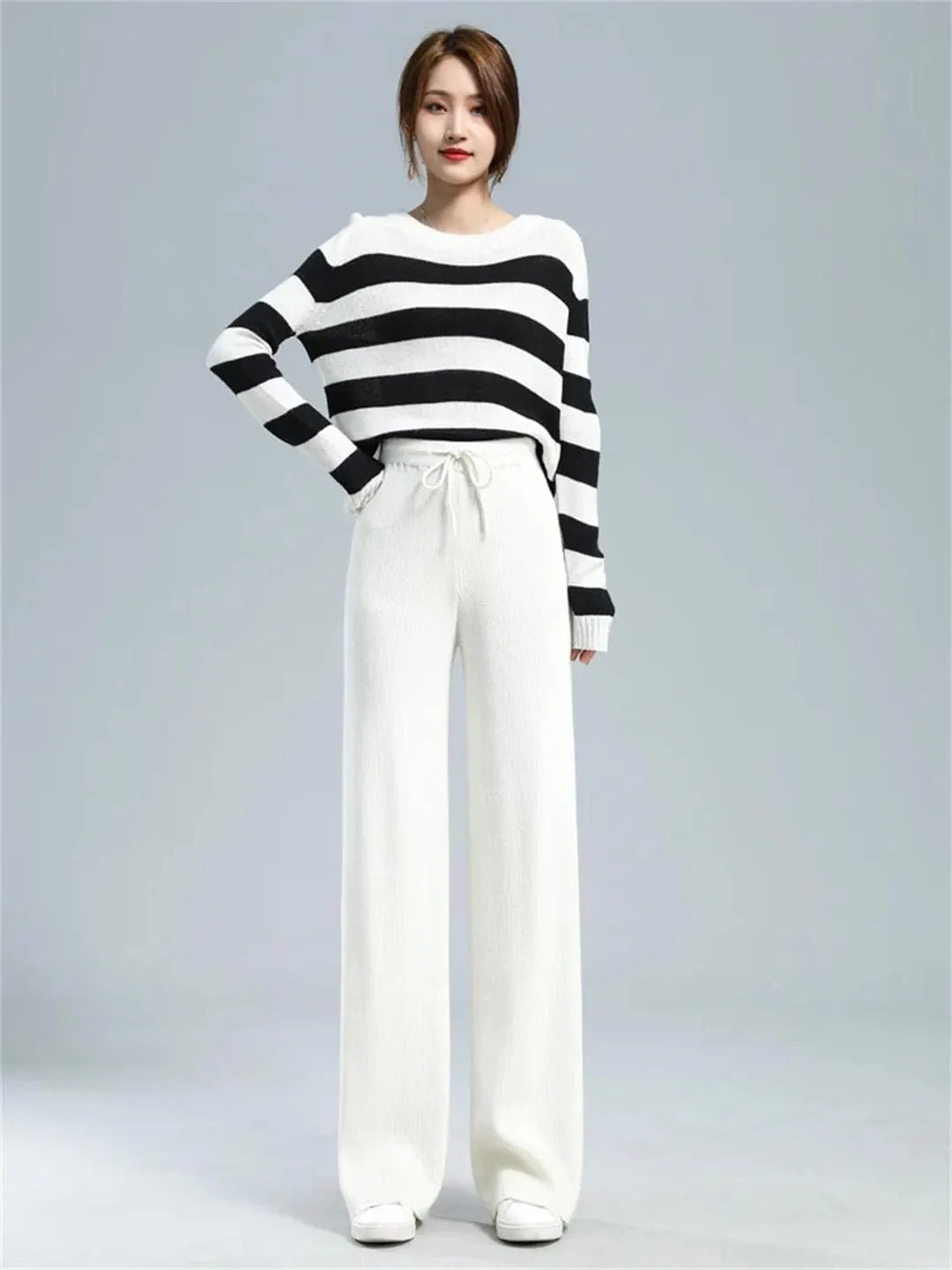 Women Wool Knitted Heavy Ribs Loose Wide Leg Pants Floor Length Soft Wool Pants