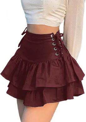 Womens Gothic Skirt Y2k 2000s Girl Mall Goth Punk Skirts High Waist Lace-Up Ruffle Fairy Grunge Mini Skirts