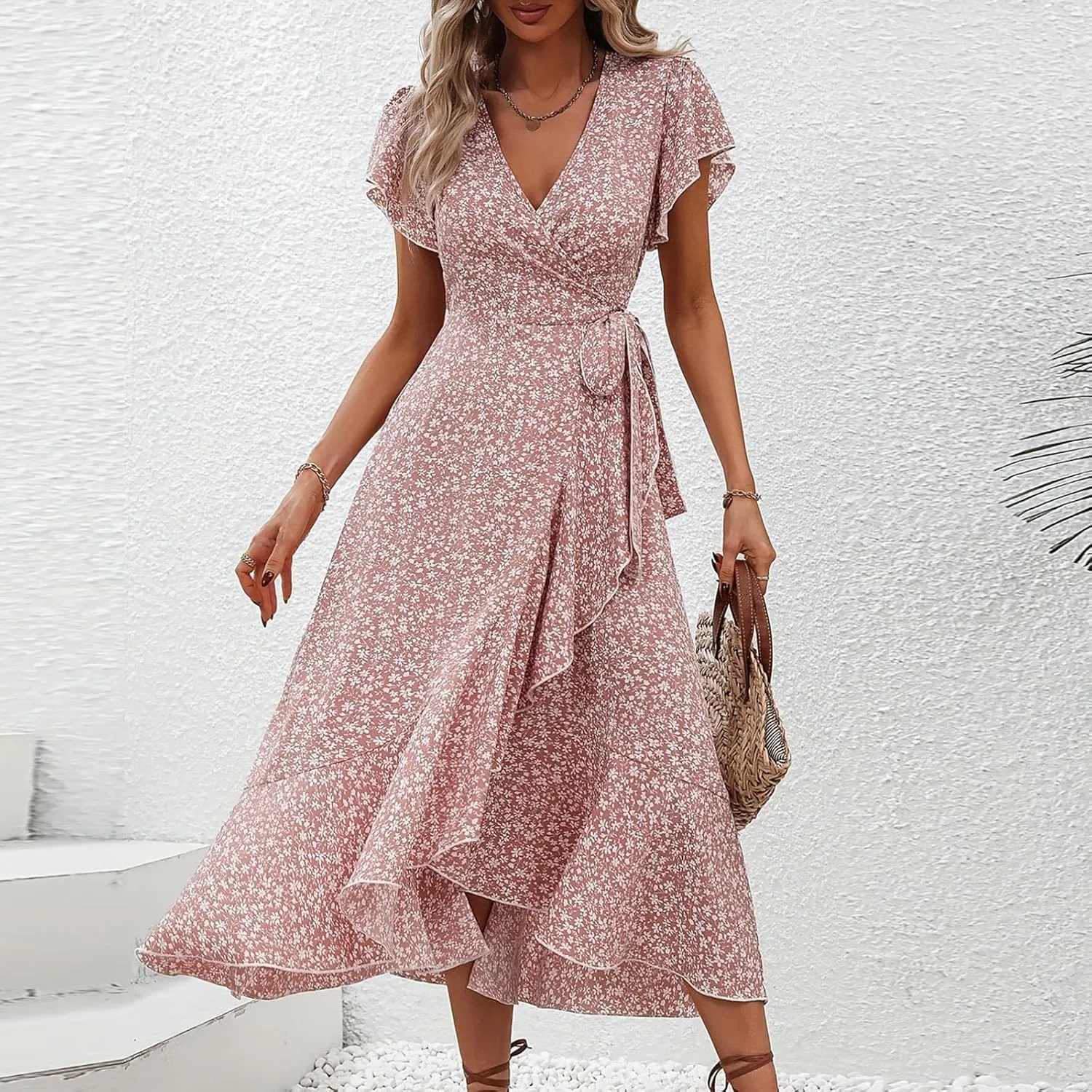 Womens Summer Boho Floral Wrap Dresses for Women 2025 V Neck Ruffle Sleeve High Waist Tie Flowy Vacation Sundress