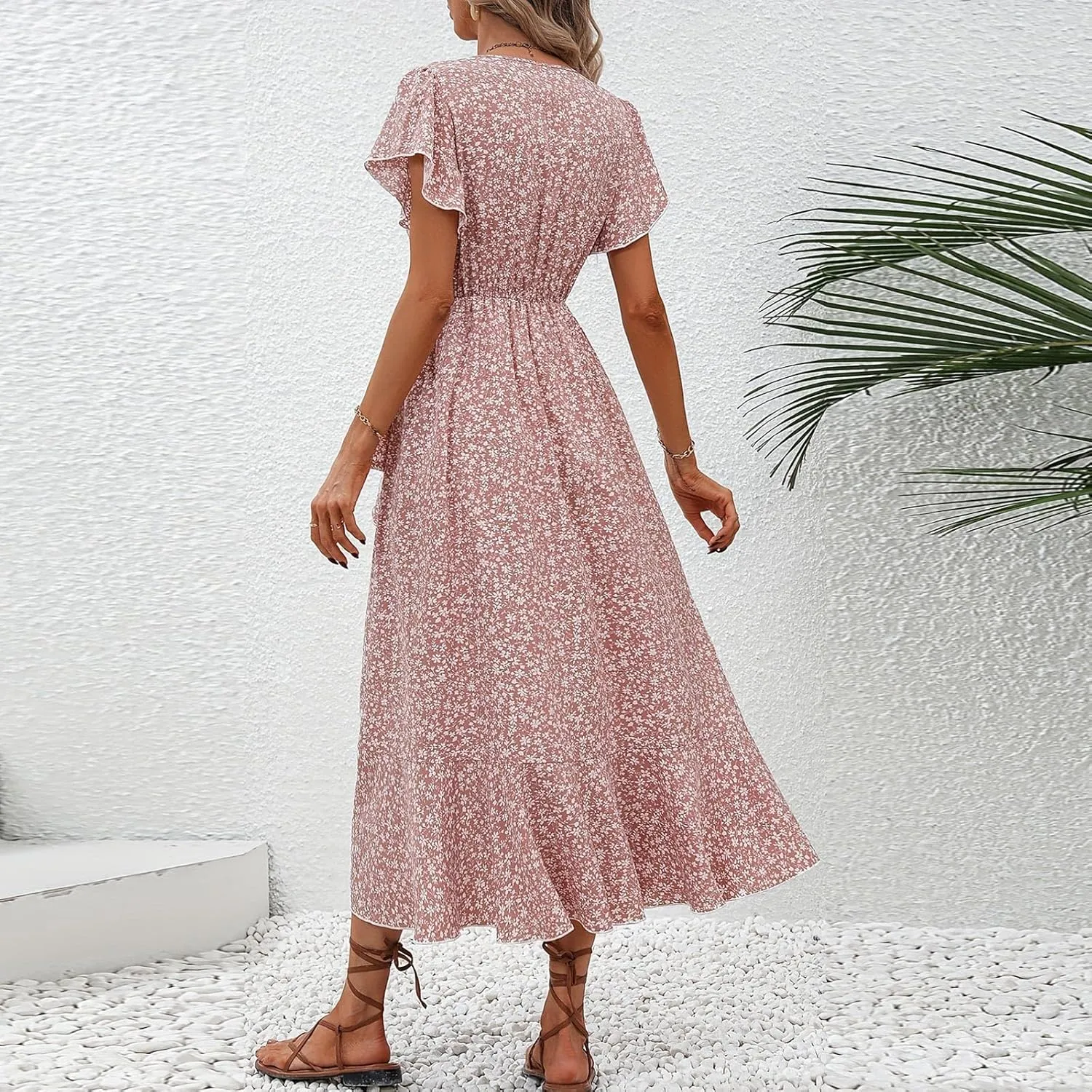 Womens Summer Boho Floral Wrap Dresses for Women 2025 V Neck Ruffle Sleeve High Waist Tie Flowy Vacation Sundress