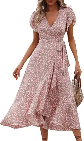 Womens Summer Boho Floral Wrap Dresses for Women 2025 V Neck Ruffle Sleeve High Waist Tie Flowy Vacation Sundress