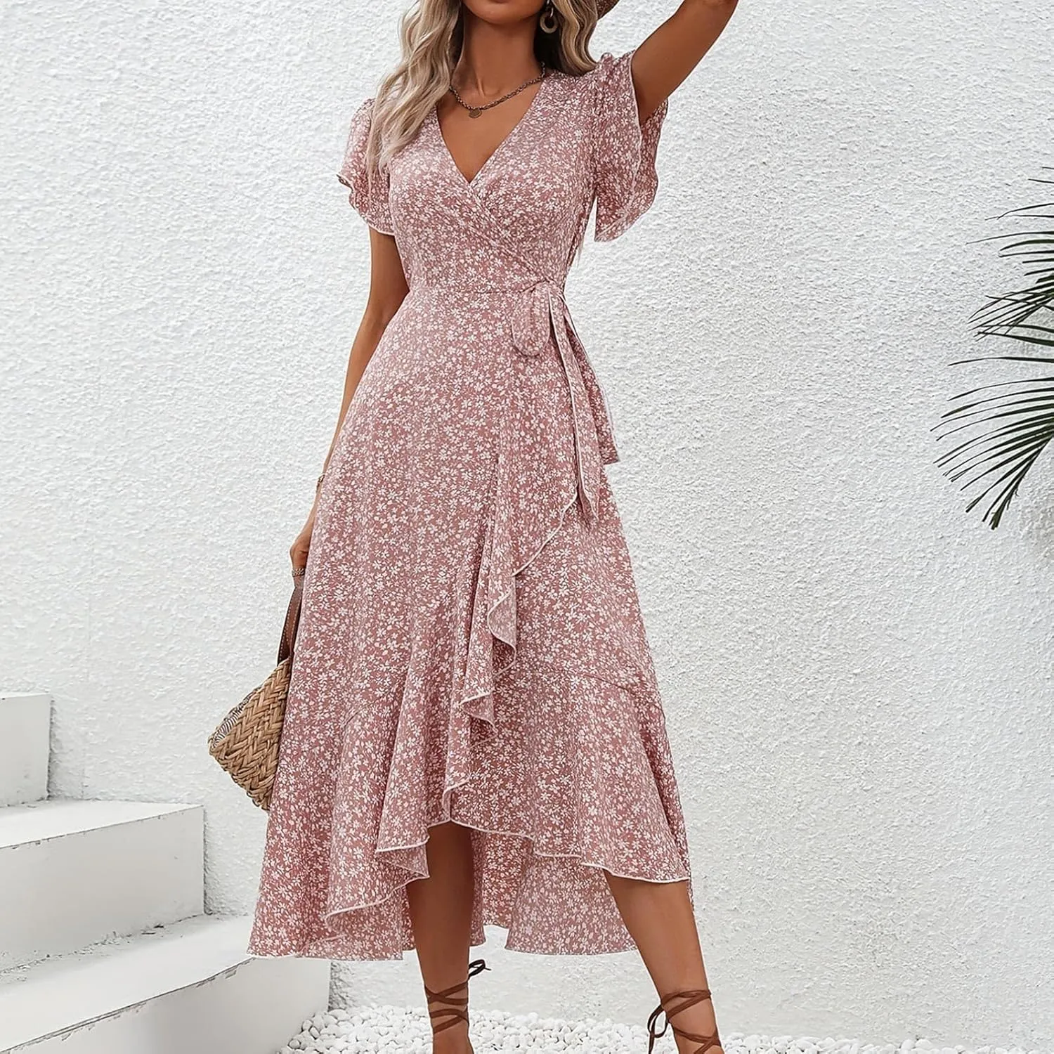 Womens Summer Boho Floral Wrap Dresses for Women 2025 V Neck Ruffle Sleeve High Waist Tie Flowy Vacation Sundress