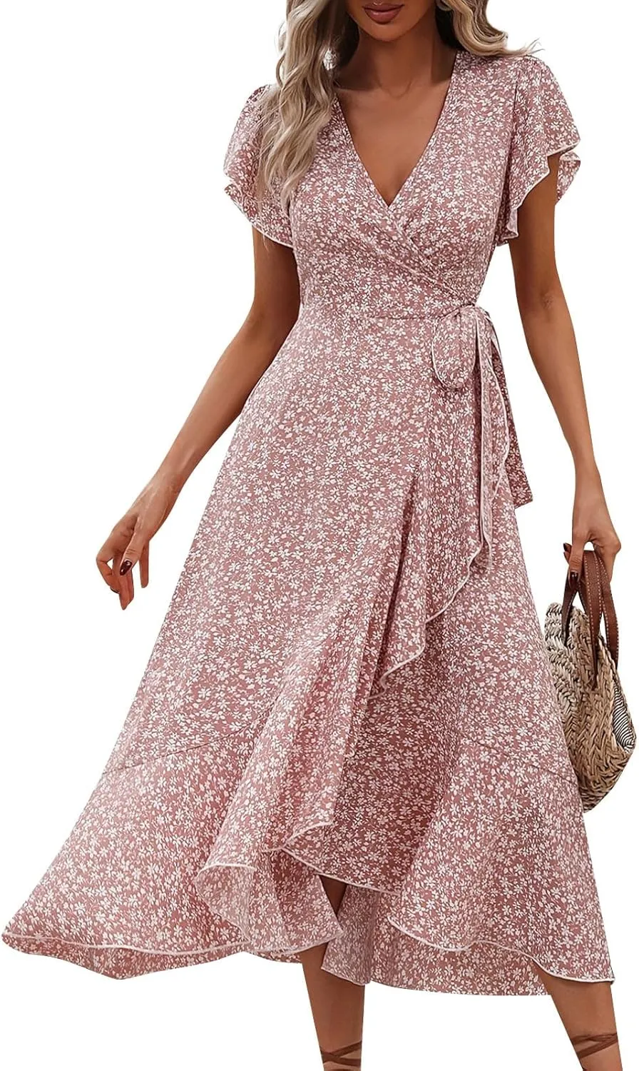 Womens Summer Boho Floral Wrap Dresses for Women 2025 V Neck Ruffle Sleeve High Waist Tie Flowy Vacation Sundress