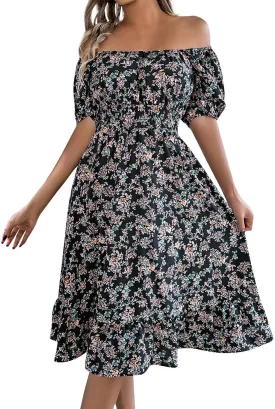 Women's Summer Casual Loose Trendy Sun Dress Square Neck Short Sleeve Floral Print Boho Dresses, S-XL