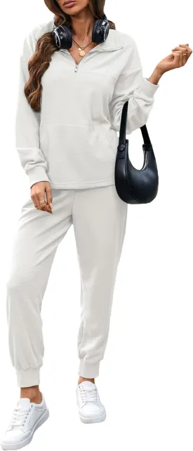 Women's Waffle Knit 2 Piece Outfits Lounge Sets 1/4 Zip Up Pullover Long Sleeve Top Jogger Sweats Track Suits Set
