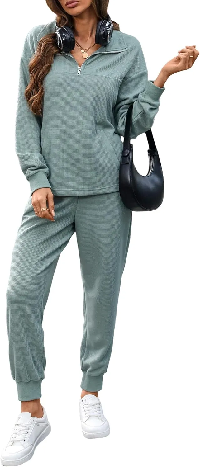 Women's Waffle Knit 2 Piece Outfits Lounge Sets 1/4 Zip Up Pullover Long Sleeve Top Jogger Sweats Track Suits Set