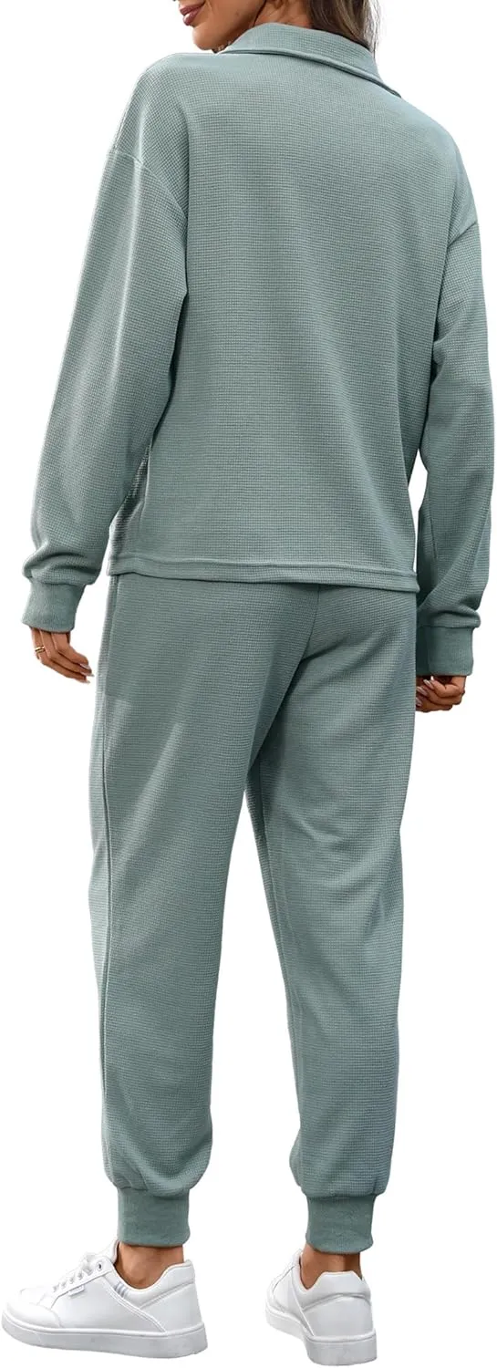 Women's Waffle Knit 2 Piece Outfits Lounge Sets 1/4 Zip Up Pullover Long Sleeve Top Jogger Sweats Track Suits Set