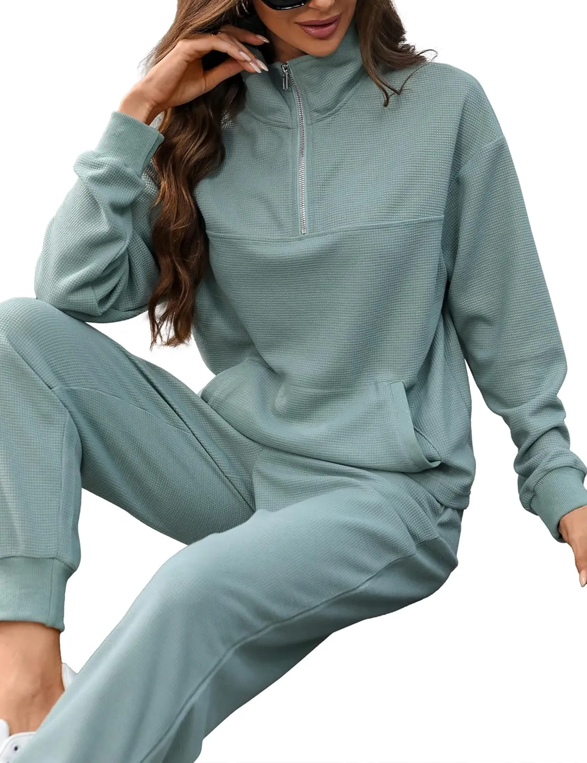 Women's Waffle Knit 2 Piece Outfits Lounge Sets 1/4 Zip Up Pullover Long Sleeve Top Jogger Sweats Track Suits Set