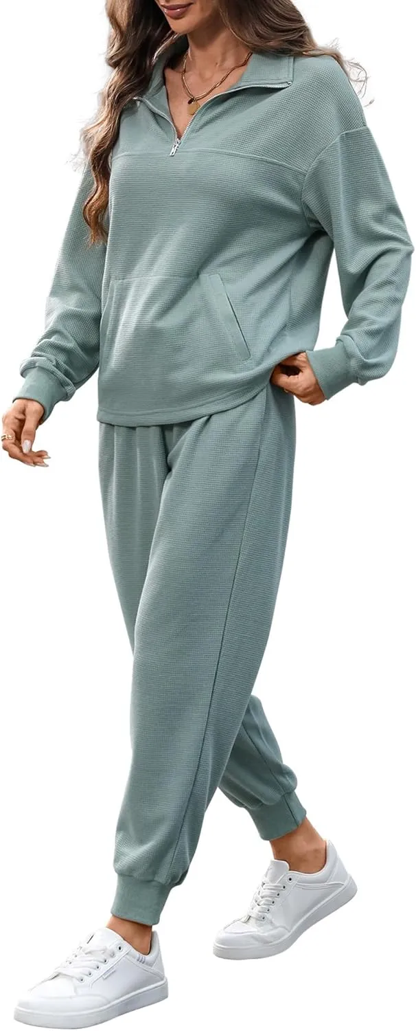 Women's Waffle Knit 2 Piece Outfits Lounge Sets 1/4 Zip Up Pullover Long Sleeve Top Jogger Sweats Track Suits Set