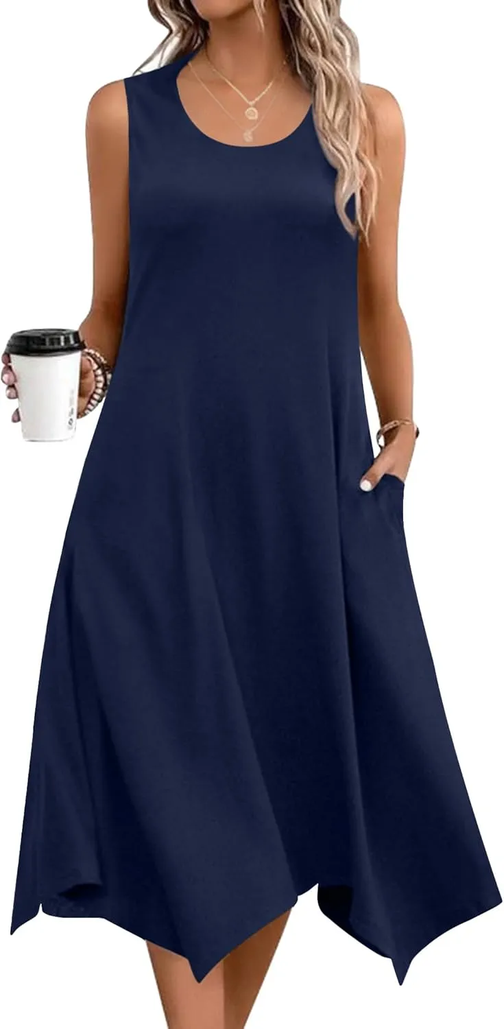 Zeagoo Womens Casual Dress for Summer Tank Dress Loose Flowy Beach Dress with Pockets Hankerchief Flare Midi Sundress 2025