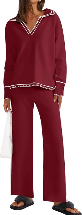 ZESICA Women's 2 Piece Fall Outfits Long Sleeve V Neck Knit Sweater Tops Wide Leg Pants Sweatsuit Lounge Sets